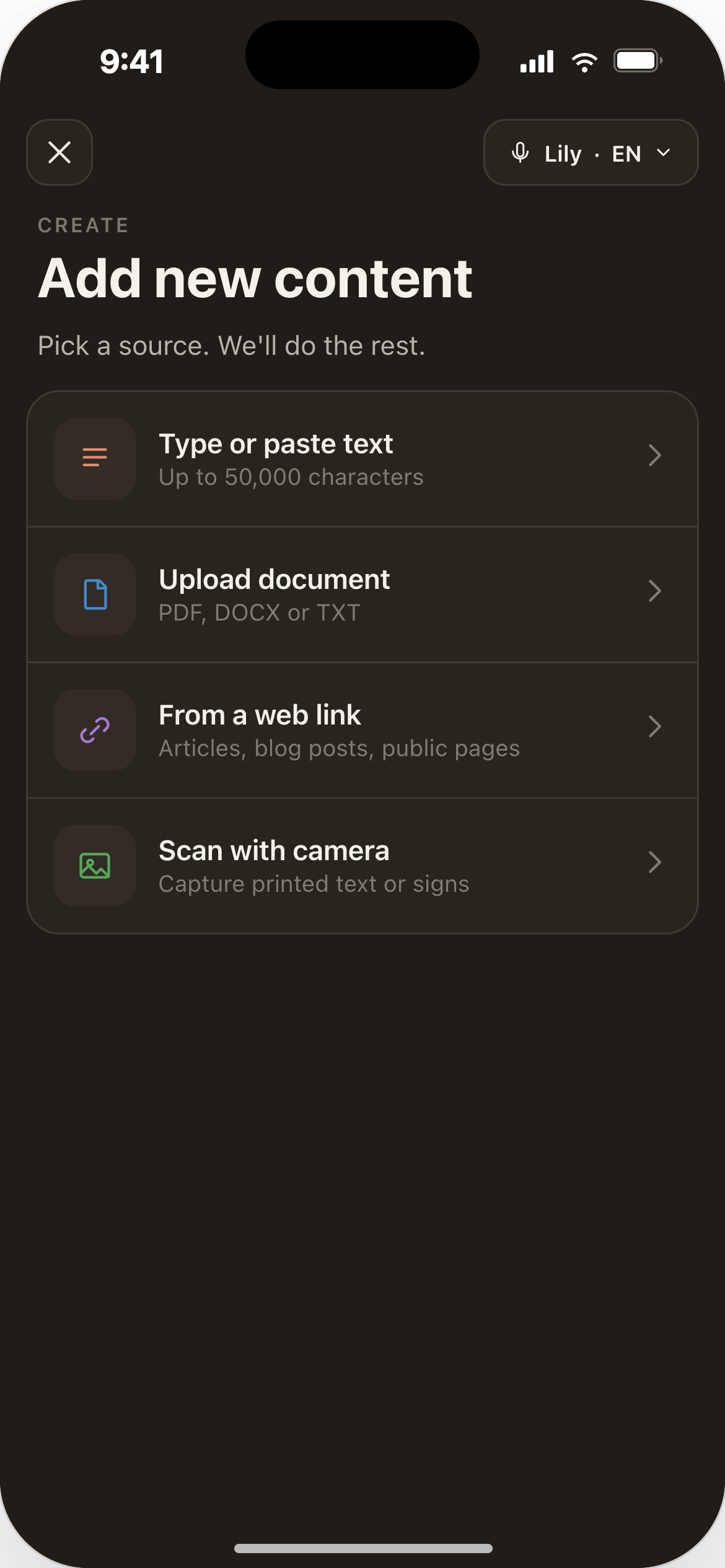 SpeechAI Add new content screen — type or paste text, upload a document, add a web link, or scan with the camera