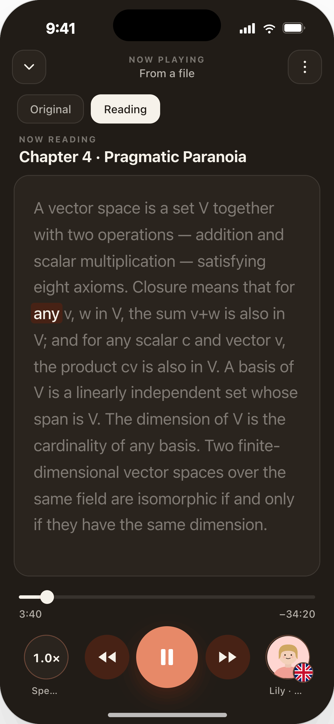 SpeechAI reading screen — Chapter 4, the current word highlighted in sync as the audio plays, with Original and Reading toggle